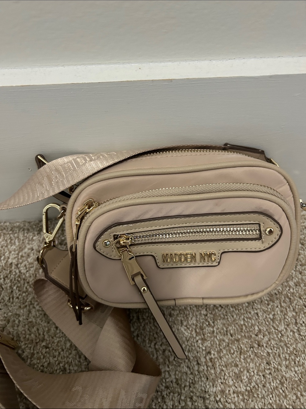 Maiden NYC Blush Pink Crossbody Bag with Gold Accents